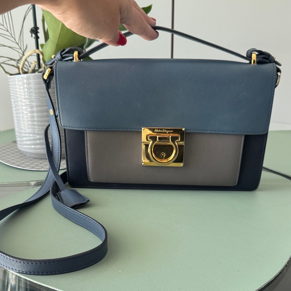 Salvatore Ferragamo Blue Gray Leather Top Handle Bag Gancini Italy